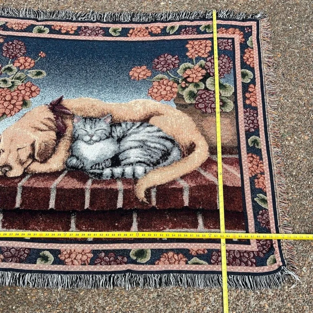 Vintage Dog and Cat Cuddling on Brick Porch Floral Woven Tapestry Blanket Throw